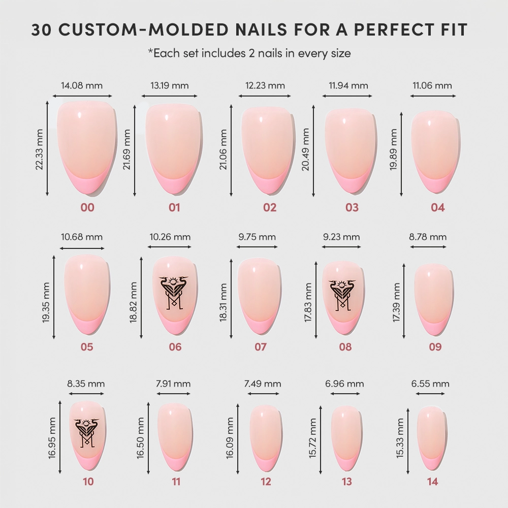 Chart displaying 15 sizes of glamnetic's Inter Miami CF Press-On Nail Set in custom-molded pink short almond shape, each with width and height in millimeters. Includes black designs; set contains 30 nails—two per size. - Product image