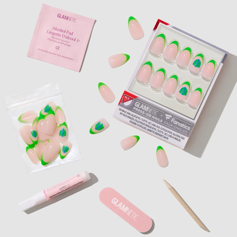 The Seattle Sounders Press-On Nail Set by glamnetic features pink almond nails with green and blue accents. Includes alcohol pad, nail glue, file, cuticle stick, extra nails—perfect for Seattle Sounders fans!. - Product image