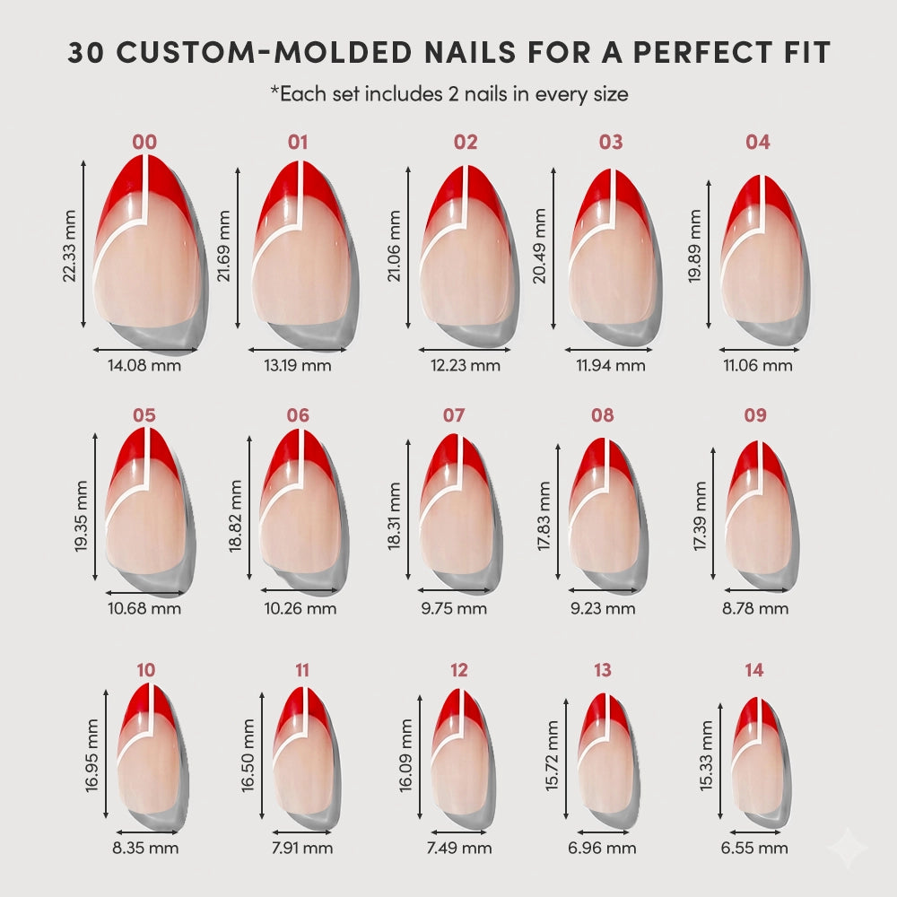 The glamnetic Red Martini set features a chart of 15 custom-molded short almond press-on nails, each with holiday red French tips and clear bases. Length and width measurements in millimeters are detailed below each nail. - Product image