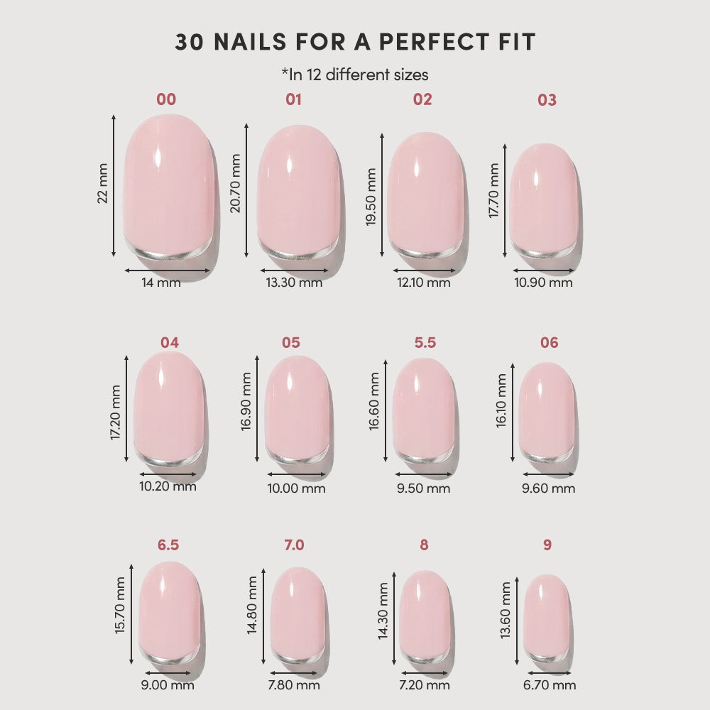 The Silver Belle by glamnetic features a chart of 12 pink-polished artificial nail sizes, each labeled with a number and its size in mm, ranging from 22x14 mm to 17.2x6.7 mm—perfect for press-on nails. - Product image