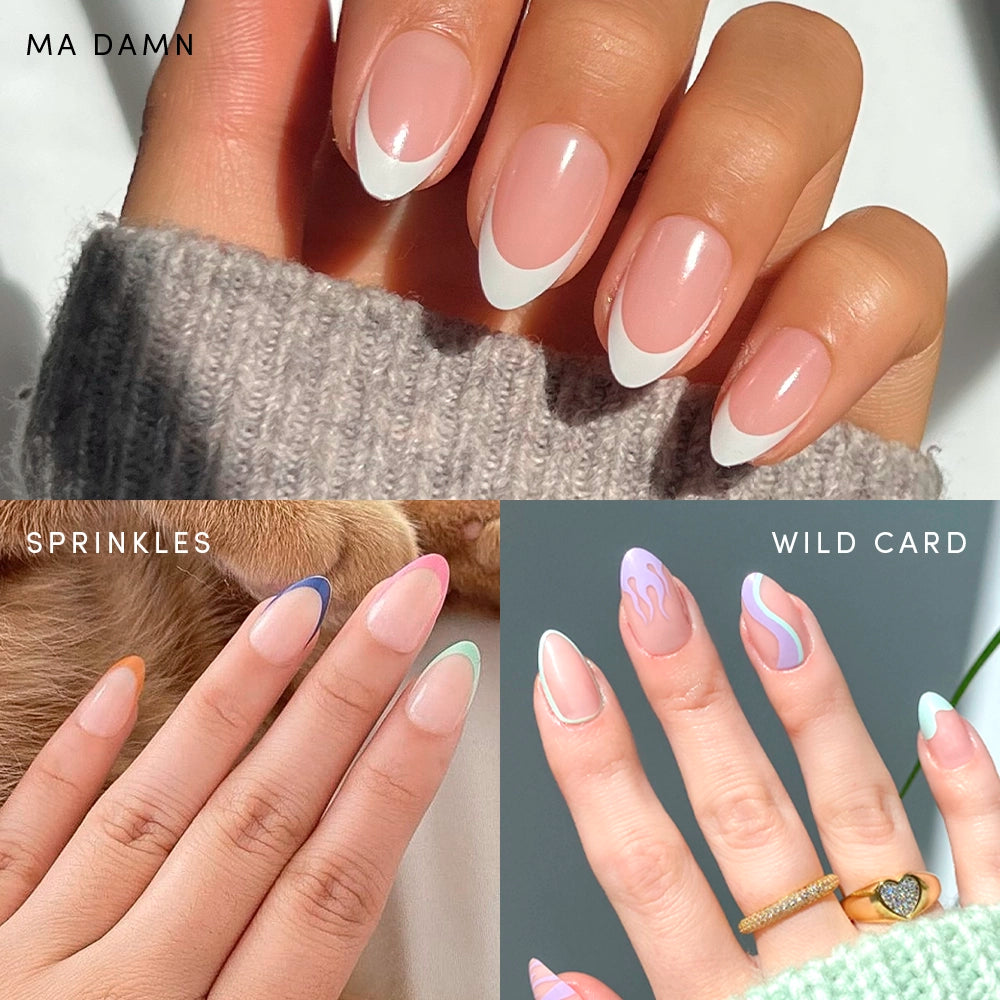 A collage displays three stylish designs—classic French tips, wavy pastel tips, and abstract pink and purple flames—all featured on "The Favorite" press-on nails by glamnetic. - Product image