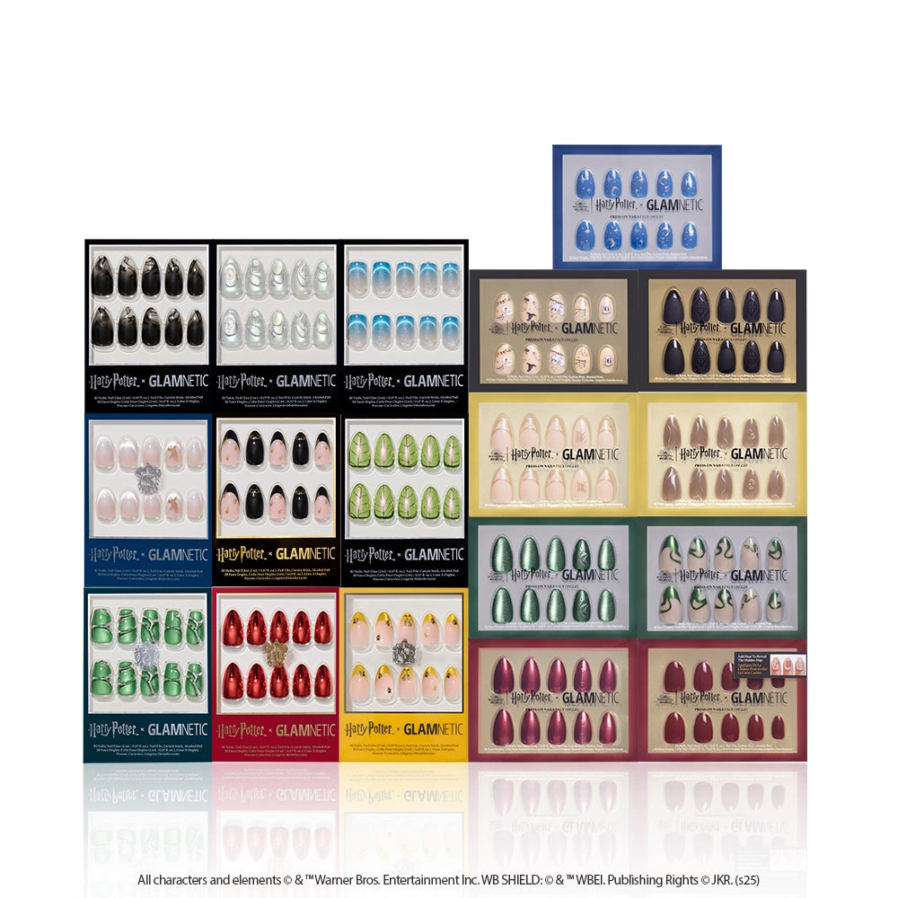 The glamnetic Harry Potter™ x Glamnetic Master Vault showcases 12 themed nails in colorful rectangular boxes, arranged in four rows like a collector’s vault, all set against a white background.