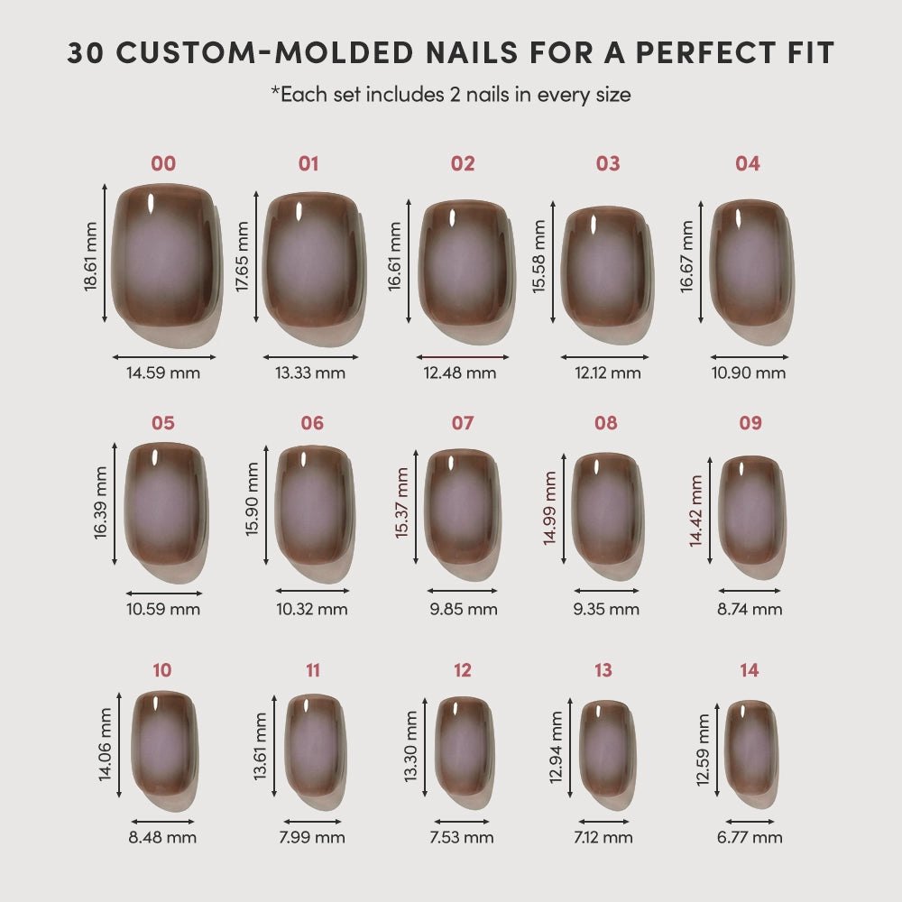 A chart displays 15 sizes of the glamnetic Eclipse custom-molded press-on nails, each labeled with size numbers and exact height and width in millimeters, ideal for short squoval styles, arranged in rows for easy comparison. - Product image