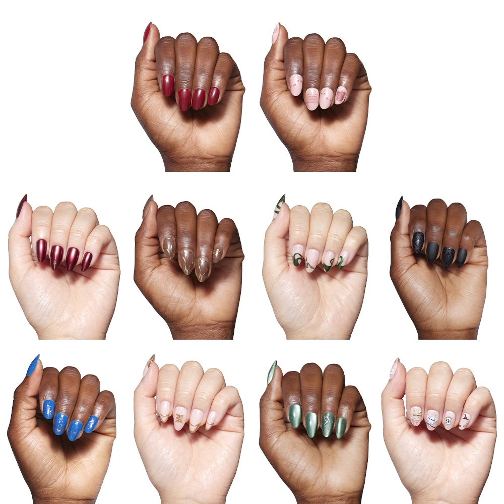 A grid of ten hands with glamnetic Hogwarts™ Fan nail designs, showing Harry Potter-inspired colors—red, pink, blue, green, brown, and black—on medium-dark skin tones against a white background. - Product image