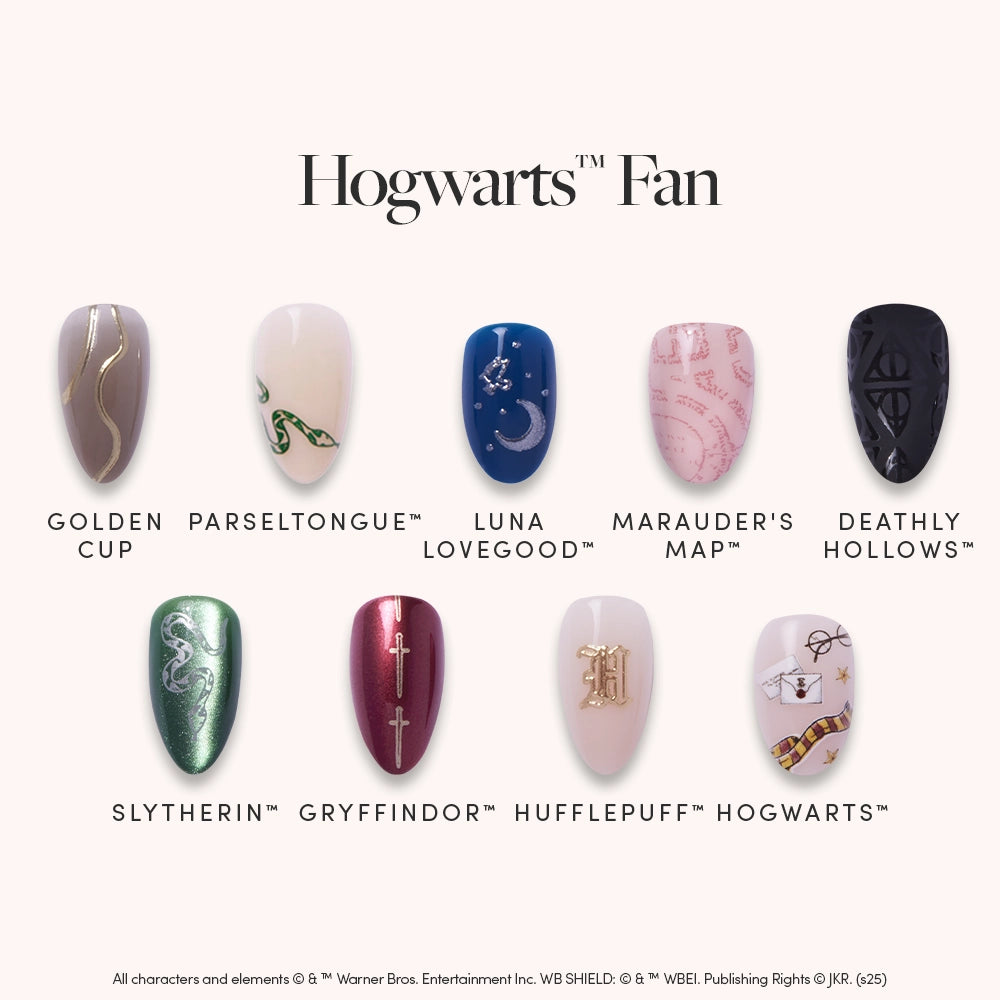 The glamnetic “Hogwarts™ Fan” set includes nine press-on nails with Harry Potter designs inspired by the Golden Cup, Parseltongue, Luna Lovegood, Marauders Map, Deathly Hallows, Slytherin, Gryffindor, Hufflepuff, and Hogwarts.