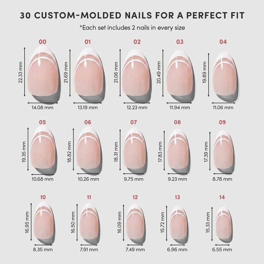 Image displays 15 sizes of glamnetic Paris custom-molded French tip nails, labeled 01–15 with width and length in mm. Each Paris press-on set includes two nails per size, totaling 30 nails. - Product image