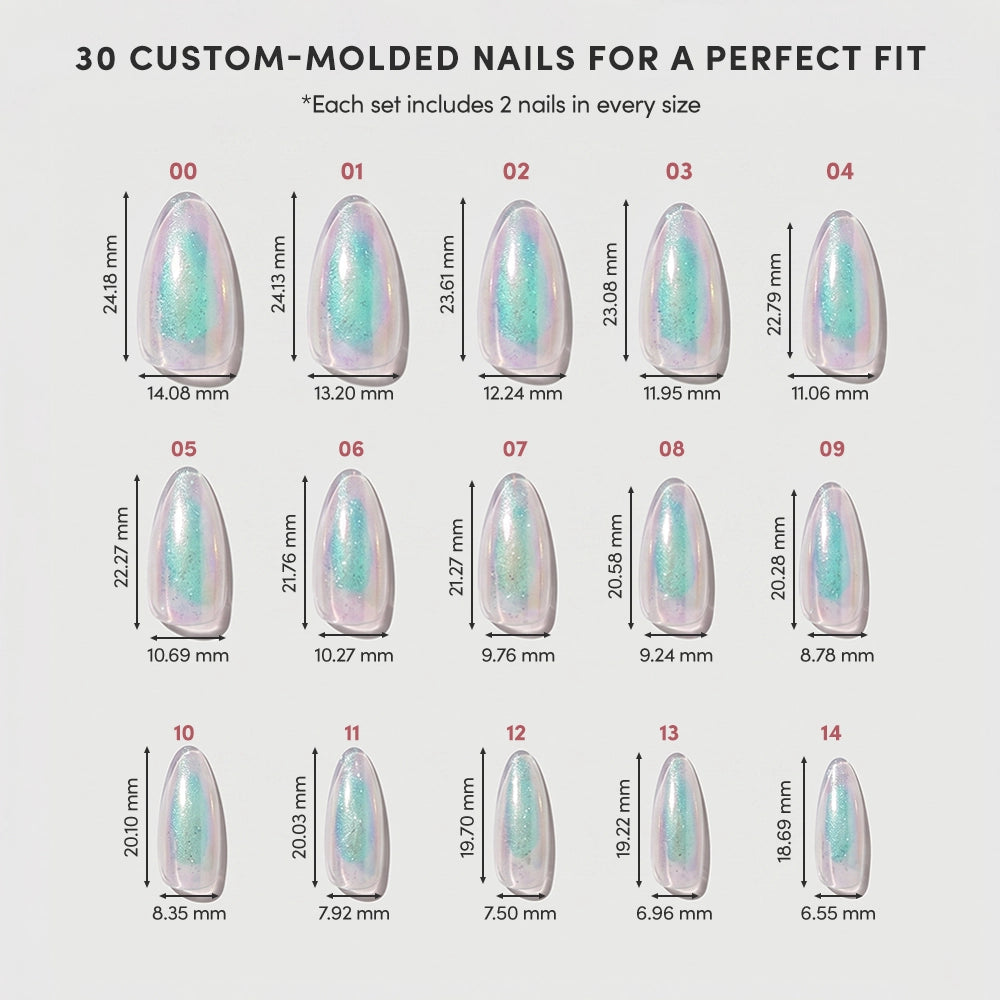 The glamnetic Stardust set features 30 custom-molded holographic press-on nails in 15 almond sizes, each with width and length measurements for a perfect fit. - Product image