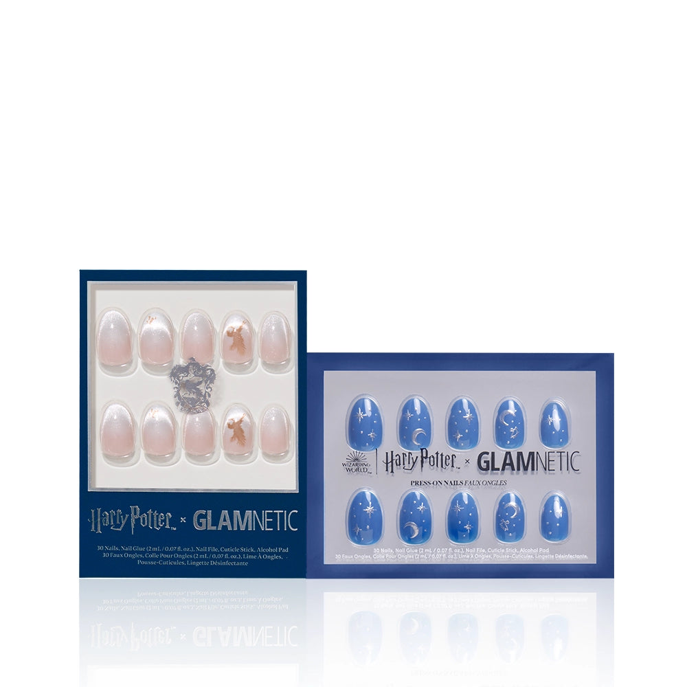 Two boxes of glamnetic x Harry Potter press-on nails: Team Ravenclaw™ in blue with white designs and Luna Lovegood pink nails with blue and gold accents, both in rectangular, branded packaging. - Product image