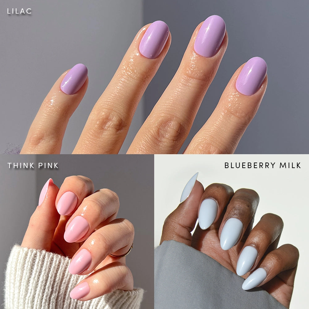 A collage shows three manicured hands with short almond nails in soft lilac, light pink, and pastel blue-white. Text labels read Blooming Buds by glamnetic—perfect inspiration for your next pastel nail set or press-ons.