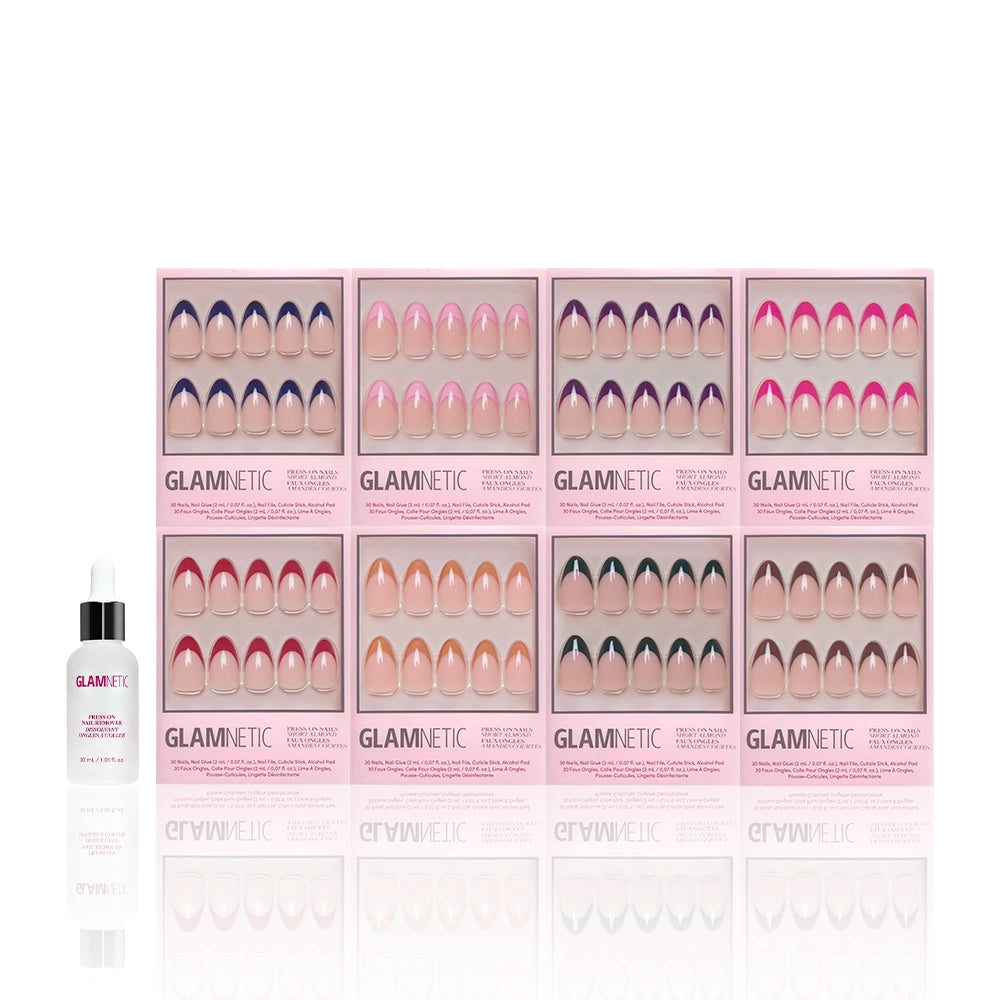 Nine boxes from the glamnetic French Tip Collection reusable press-on nails, in assorted colors and styles, are arranged in a grid with a glamnetic nail serum bottle to the left, all displayed against a white background. - Product image