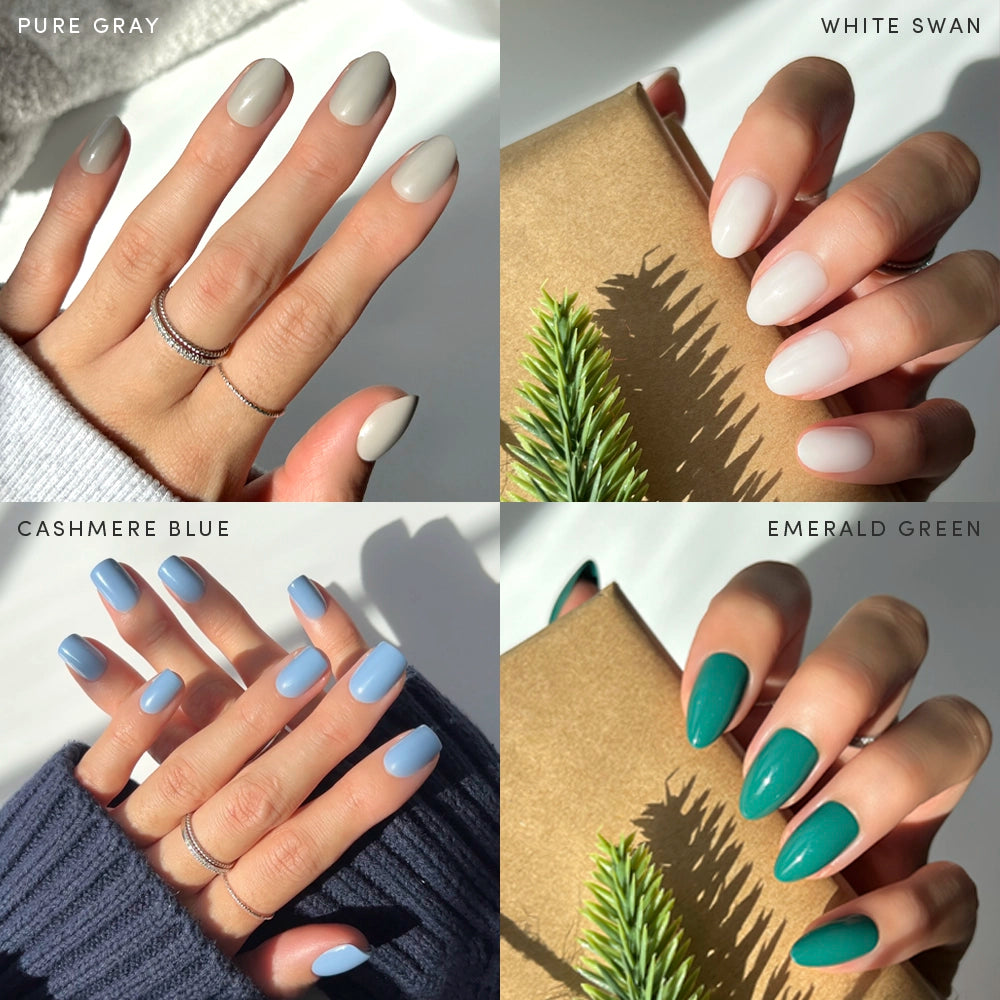 Four images display manicured hands wearing glamnetic’s Frosted Fantasy short oval press-on nails in pure gray, white swan, cashmere blue, and emerald green shades, each with a smooth, glossy finish showcased under bright lighting.