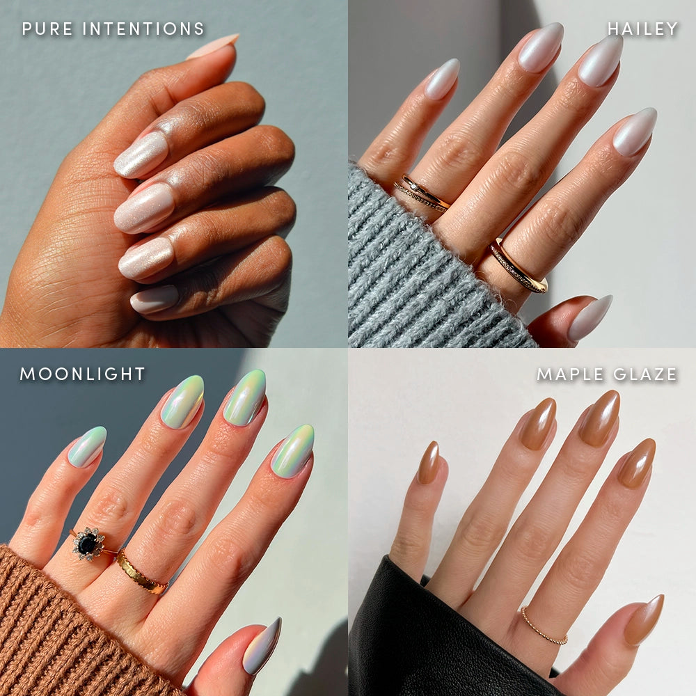 Four images of manicured hands with Glaze It by glamnetic: top left shows pearly white nails (Pure Intentions), top right pale pink (Hailey), bottom left white & green almond set (Moonlight), and bottom right glossy brown nails (Maple Glaze).