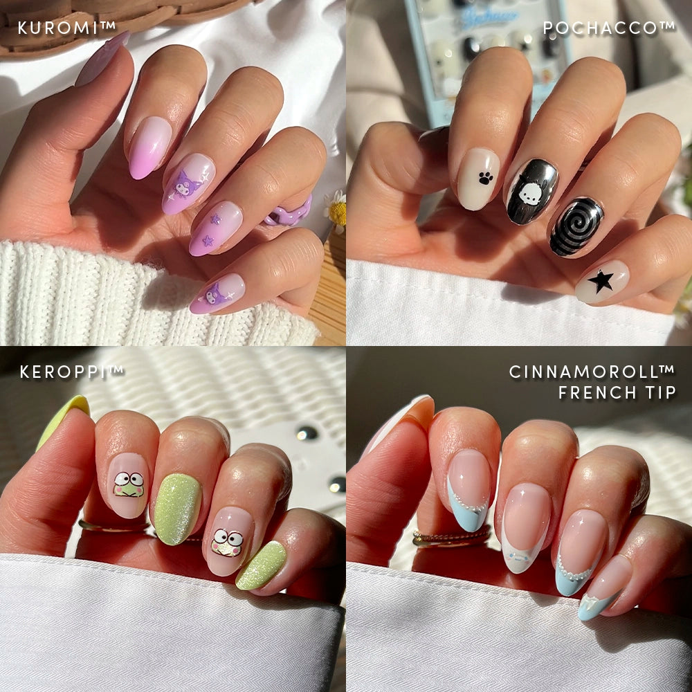 A collage of four hands shows different Sanrio-themed Hello Kitty® Besties short almond nails by glamnetic: purple Kuromi, black-and-white Pochacco, green-and-white Keroppi, and pastel blue French tip Cinnamoroll designs.