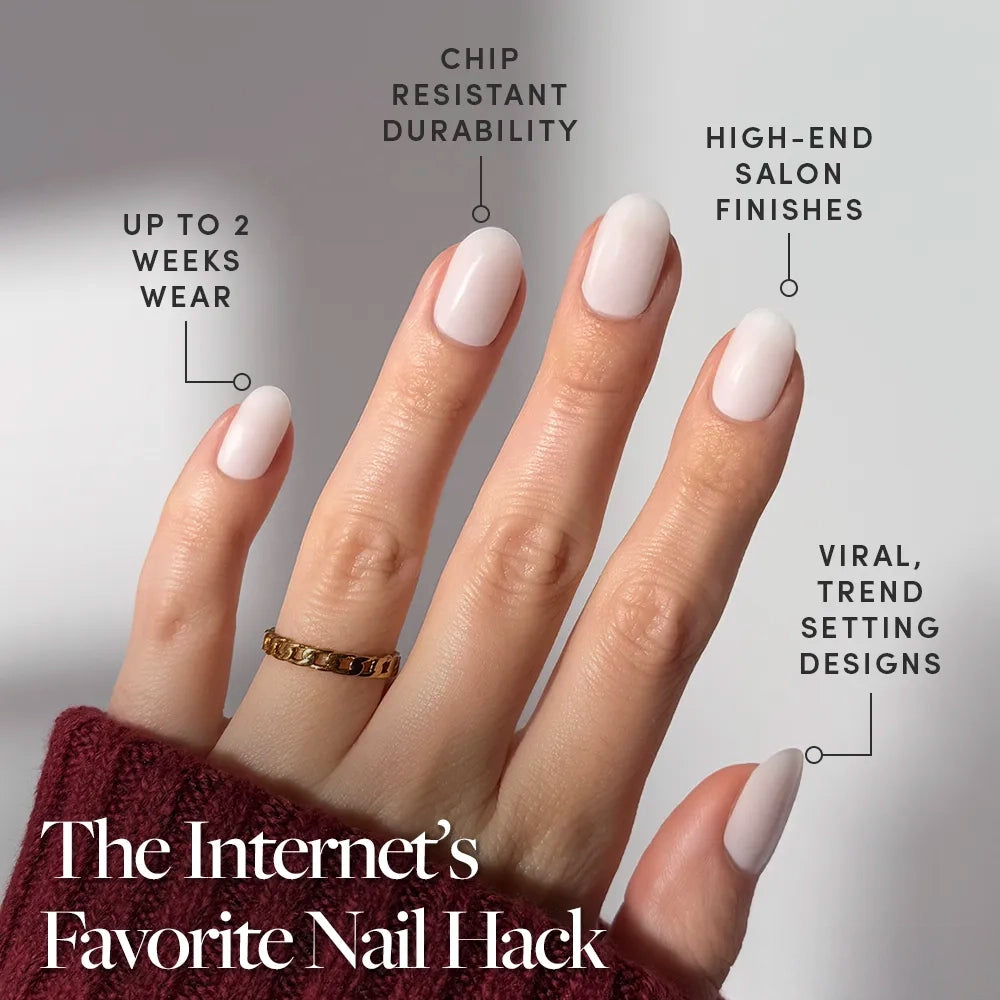 A hand with neatly manicured, light pink Milk Bath press-on nails by glamnetic is shown. Text highlights up to 2 weeks wear, chip-resistant durability, salon-quality nails, and viral trendsetting designs. The person wears a gold ring. - Product image
