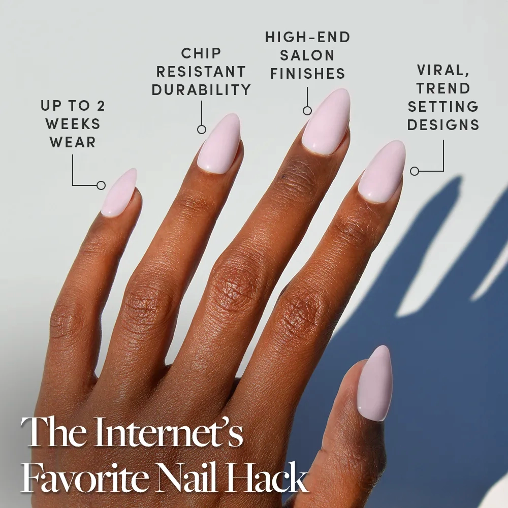 A hand with neatly manicured, short pink glamnetic Sugar Doll press-on nails is shown against a plain background. Text highlights up to 2 weeks' wear, chip-resistant durability, high-end salon finish, and trend-setting designs. - Product image