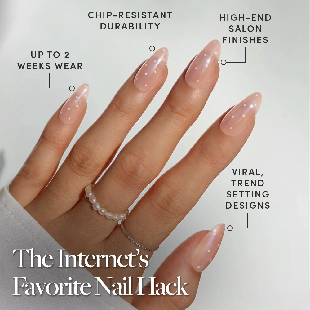 A hand with almond-shaped, glossy, light pink Sugar Glazed press-on nails from glamnetic is shown. Text highlights up to 2 weeks wear, chip-resistant durability, high-end salon look, and trendy designs. The person wears a pearl ring. - Product image