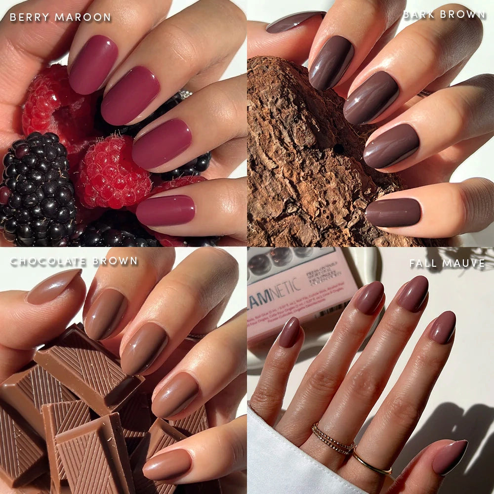 A collage shows four manicured hands with short oval nails painted in Berry Maroon, Dark Brown, Chocolate Brown, and Fall Mauve, each hand holding berries, a brown object, chocolate, or shown in sunlight. These vegan nails offer a chic and effortless look for any season. - Product image
