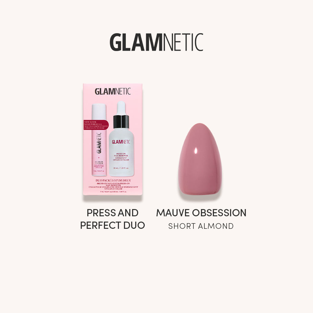 Glamnetic Press & Perfect + Mauve Obsession set featuring a bottle and dropper beside its box, displayed alongside a short almond nail in mauve labeled Mauve Obsession. - Product image