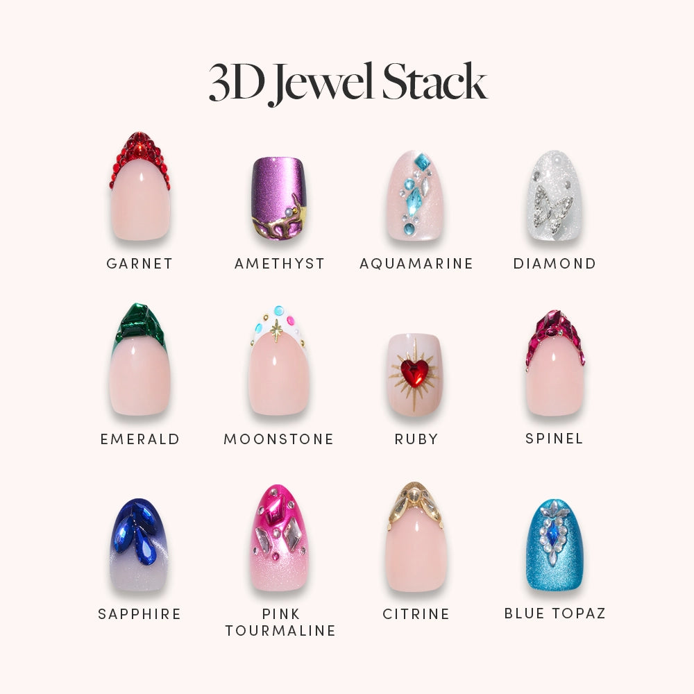 Showcasing glamnetic’s 3D Jewel Stack: a set of 12 press-on nails, each with unique gemstone-inspired 3D art—featuring designs like garnet, amethyst, diamond, and more for a vibrant manicure.