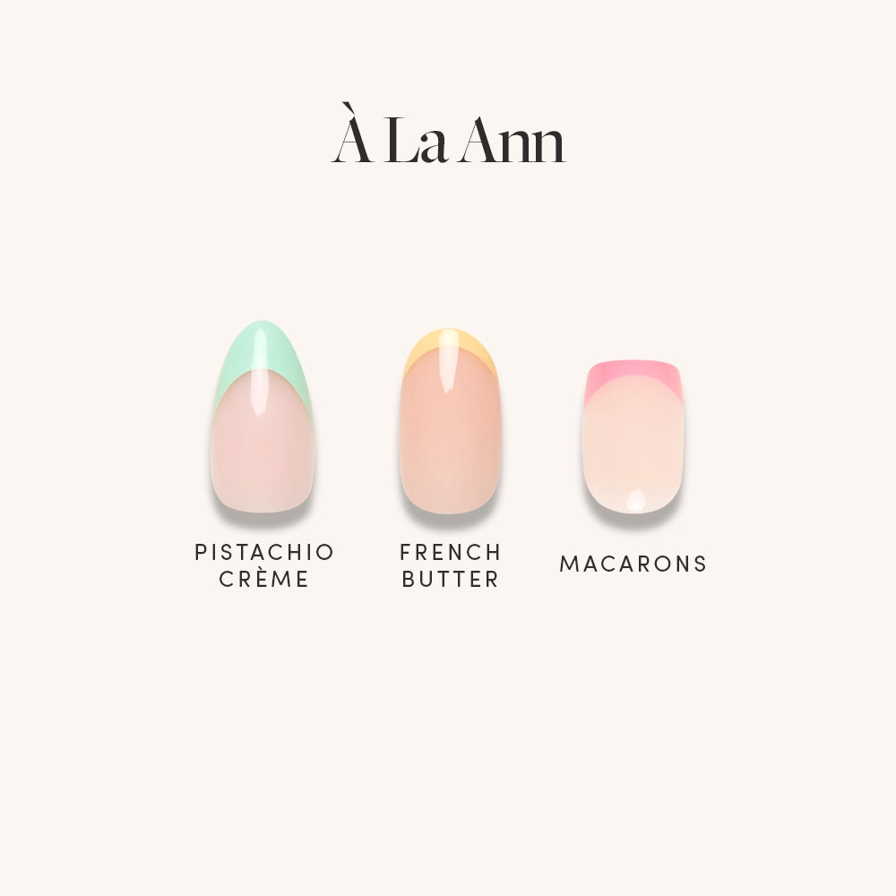 Three chic French tip nail designs—Pistachio Crème (green), French Butter (yellow), and Macarons (pink)—feature salon-quality durability on a light base, under the product À La Ann by glamnetic. - Product image