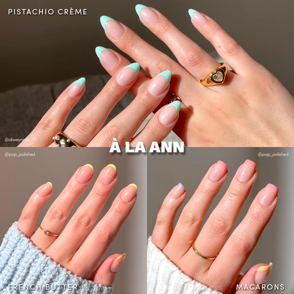 Three images show À La Ann by glamnetic: salon-quality, almond-shaped press-on nails with pastel French tips—mint green (Pistachio Crème), creamy beige (French Butter), and pastel yellow (Macarons). Simple, elegant style. Text: À LA ANN. - Product image