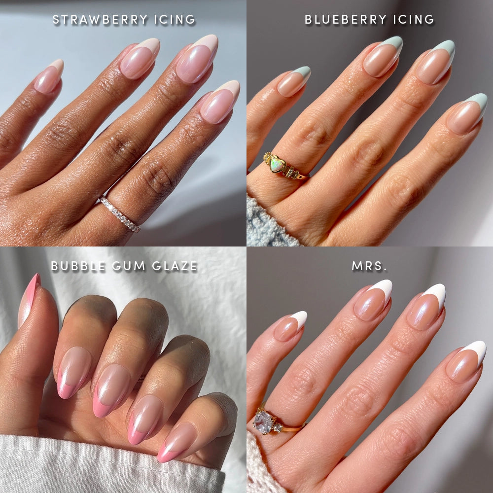 Four images display hands adorned with manicured nails using glamnetic’s À La Glazed Almonds collection: strawberry icing (pink tips), blueberry icing (blue tips), bubble gum glaze (pink base with white tips), and Mrs. (classic French tip). Each hand is accessorized with rings, emphasizing the chic glazed nail set and the elegant short almond-shaped press-on nails. - Product image