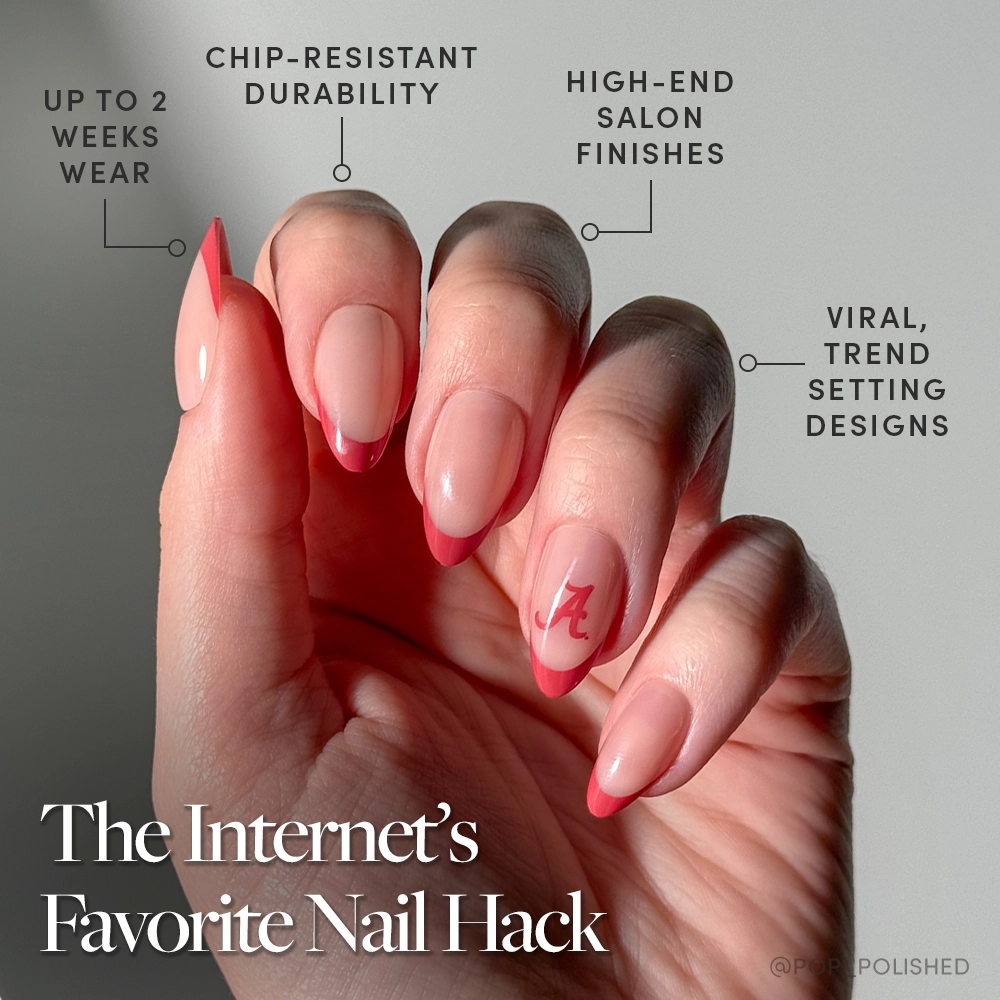 Show off long, almond-shaped nails with the glamnetic Alabama Crimson Tide Press-On Nail Set—featuring pink and red French tips and a red A. Get up to 2 weeks wear, chip-resistant shine, high-end finishes, and trendy designs. - Product image