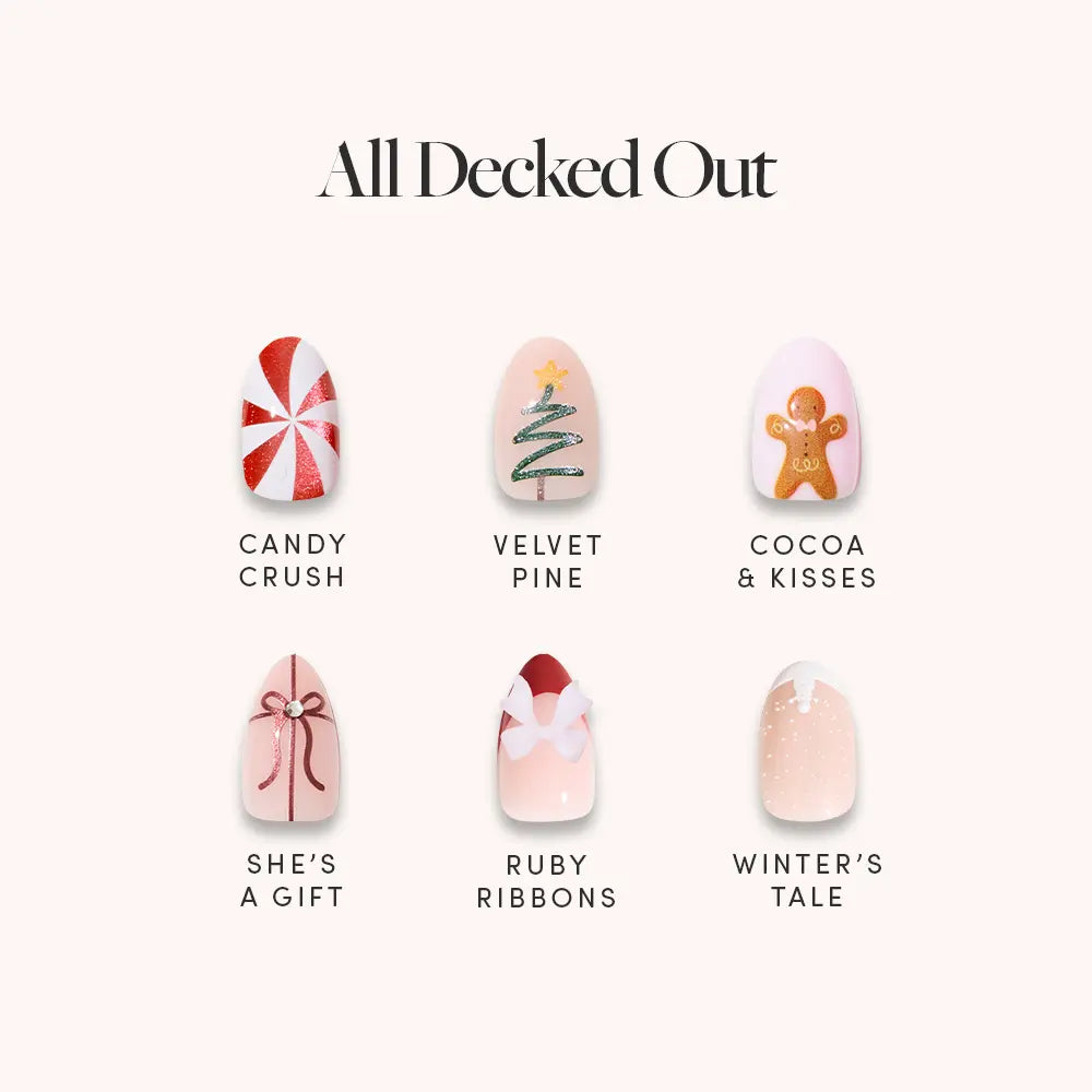 The All Decked Out holiday nail set by glamnetic includes six festive designs: red & white peppermint, Christmas tree, gingerbread cookie, red bow, red & white ribbon, and snowy white tip. Each is named below its image.