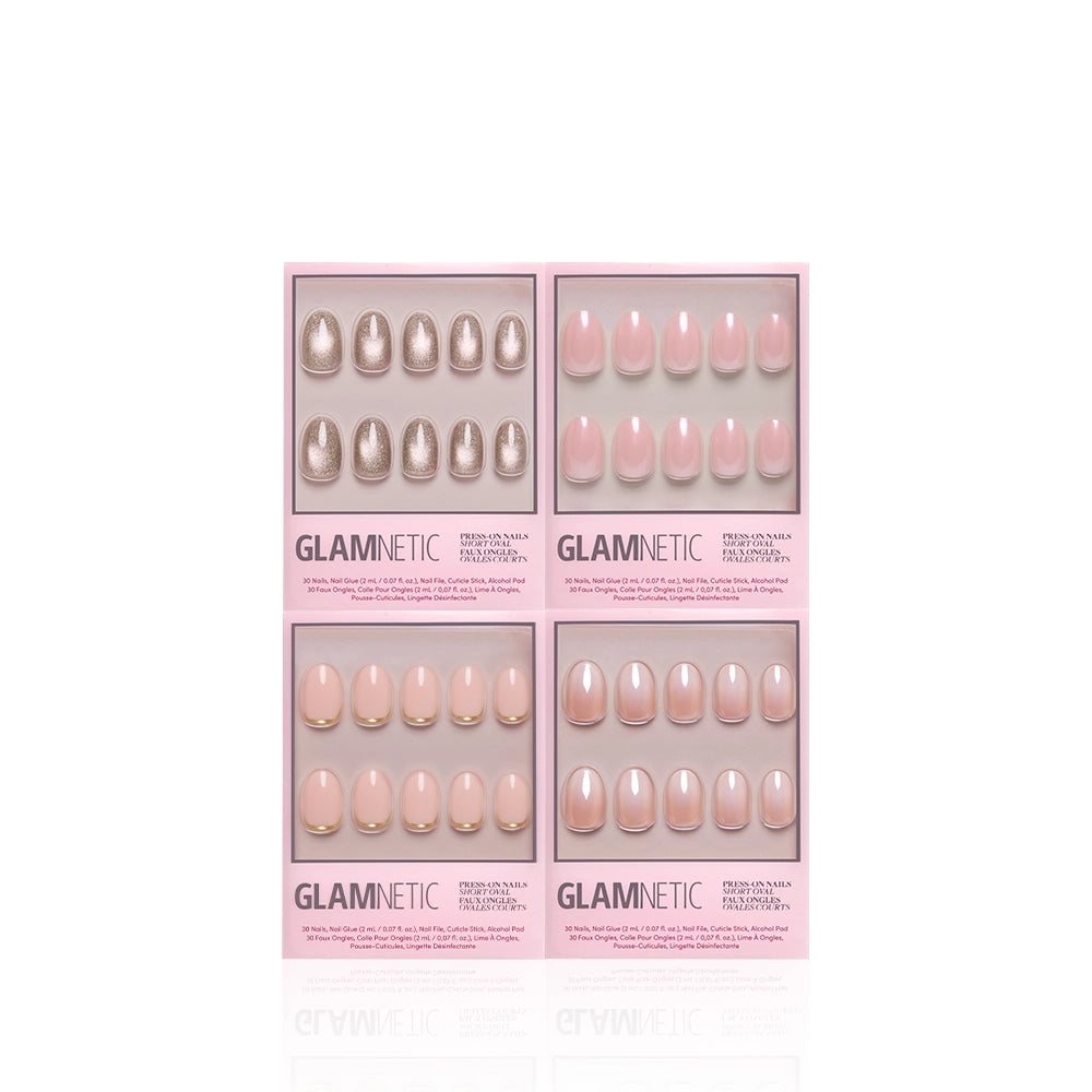 Four pink GLAMNETIC press-on nail packages arranged in a 2x2 grid on a white background, showing different nail color and finish options. - Product image
