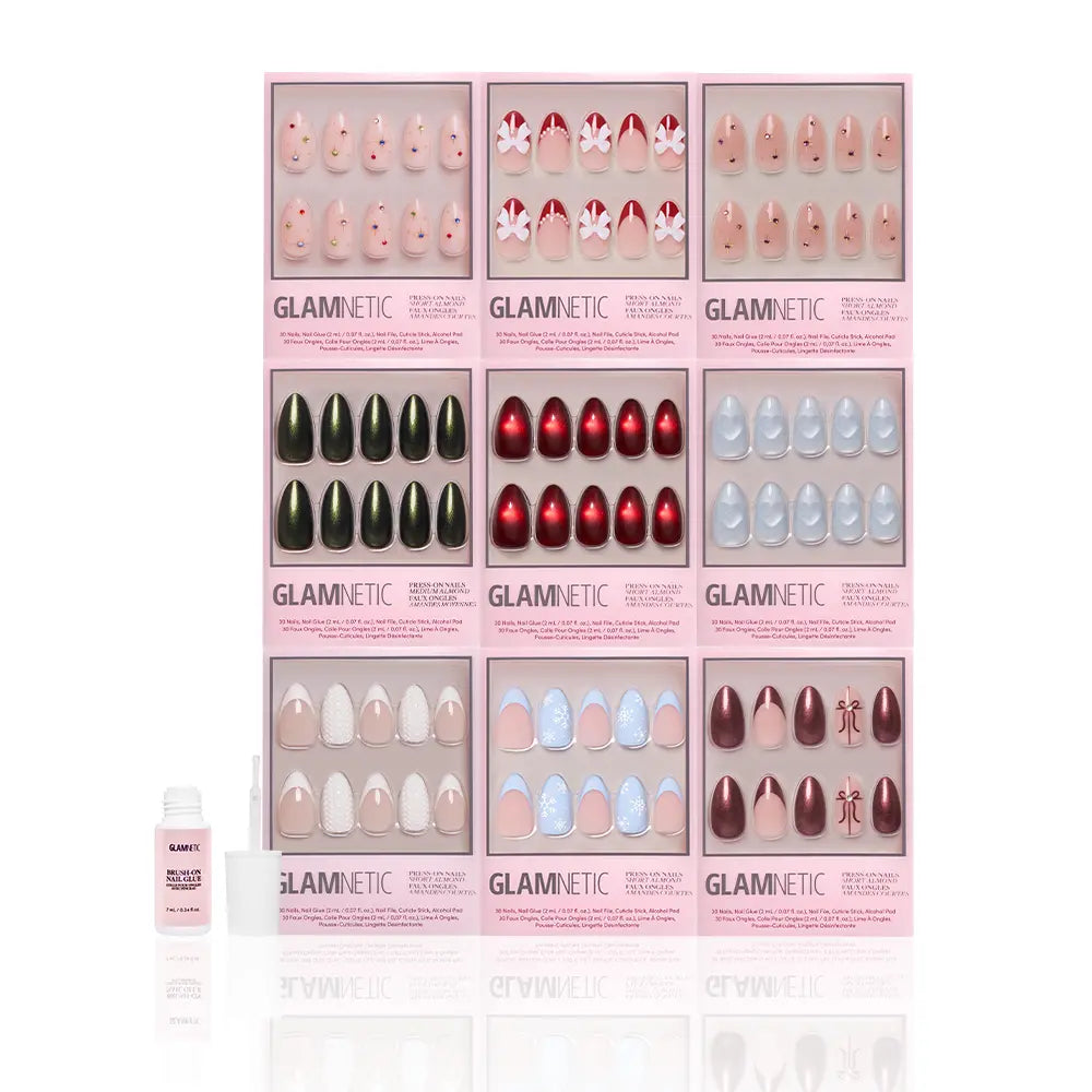 Nine glamnetic Almond Joys press-on nail sets, with almond shapes and glitter French tips in assorted colors, are arranged in a 3x3 grid. A nail glue bottle and applicator are displayed in front, all set against a white background. - Product image