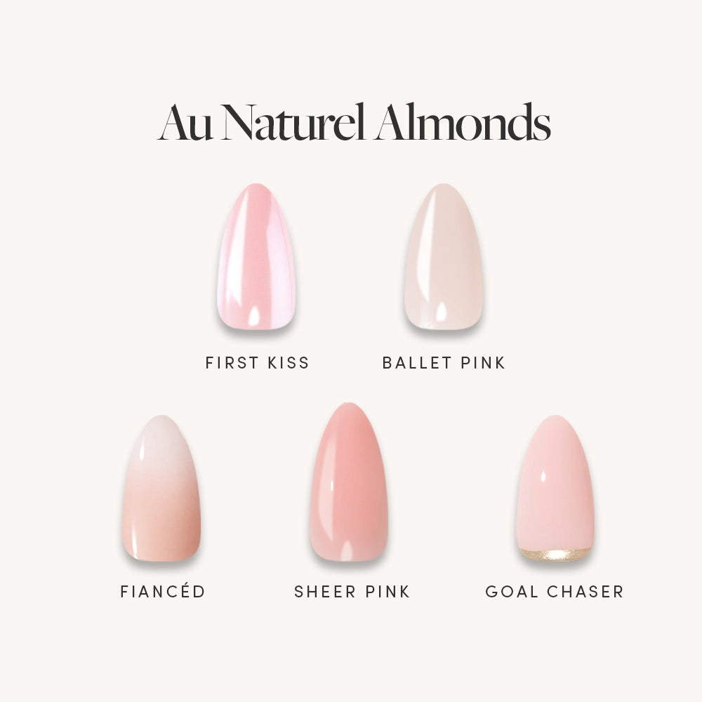Five almond-shaped, nude-pink nail polish samples—titled First Kiss, Ballet Pink, Fiancé, Sheer Pink, and Goal Chaser—are showcased under the heading "Au Naturel Almonds" by glamnetic on a light backdrop. Perfect for salon-quality manicures or seamless nude ombré effects with almond press-on nails. - Product image