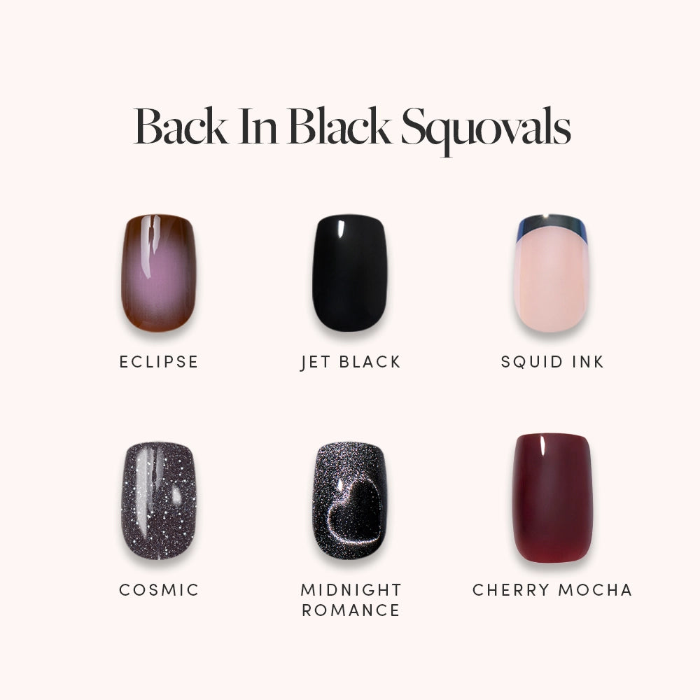 Featuring six artificial nails from glamnetic’s Back in Black Squovals collection, this set showcases stunning dark neutral shades: Eclipse (brown with gradient), Jet Black (solid black), Squid Ink (nude with black tip), Cosmic (black with silver glitter), Midnight Romance (black glitter), and Cherry Mocha (dark red). These salon-quality manis deliver the look of professional press-on nails in effortlessly chic tones. - Product image