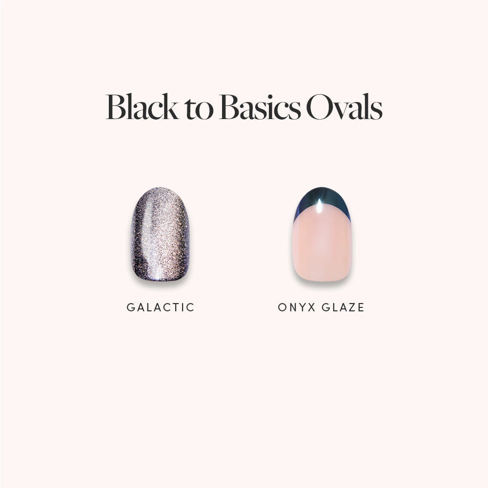 Two oval-shaped press-on nails from glamnetic’s Black to Basics Ovals collection are shown: one features a sparkly silver polish called Galactic, while the other showcases a natural base with glossy black French tips named Onyx Glaze. Perfect for short round nails. - Product image