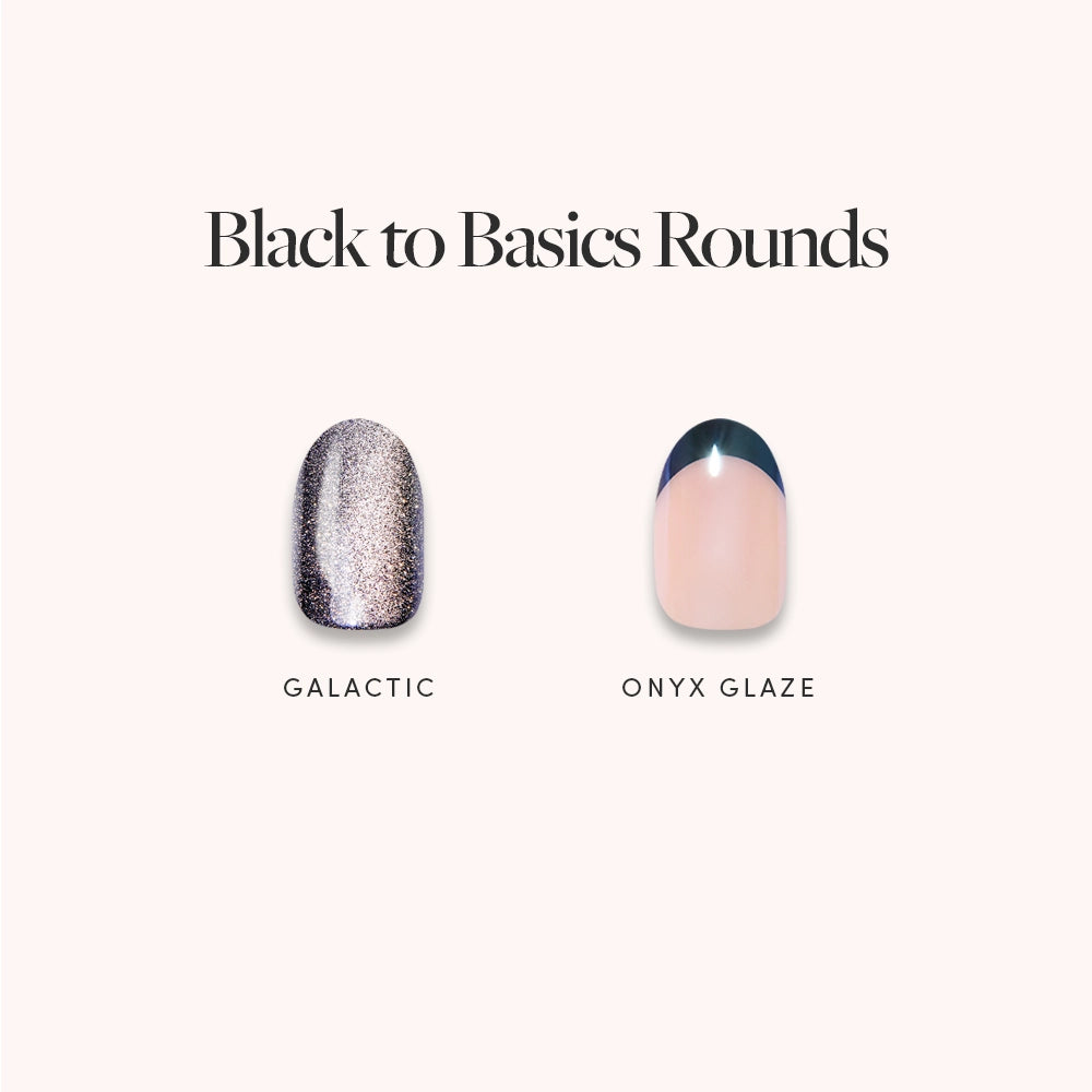 Experience salon-quality style in minutes with glamnetic’s Black to Basics Rounds. This set features two oval manicure nail designs: “Galactic,” a metallic silver glitter, and “Onyx Glaze,” a natural pink base with glossy black French tips. Perfect for short round nails, these press-on nails make flawless looks effortless. - Product image
