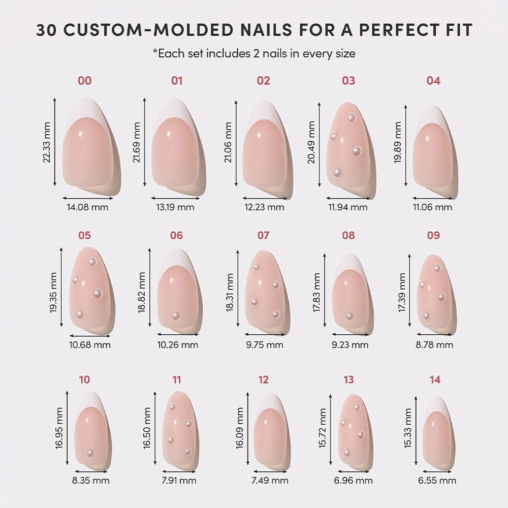 Layout of 30 press-on nails in 15 different sizes with measurements. Designs include both French tips and pearl-accented nails in a soft blush tone, helping users find the perfect fit.
- Product image