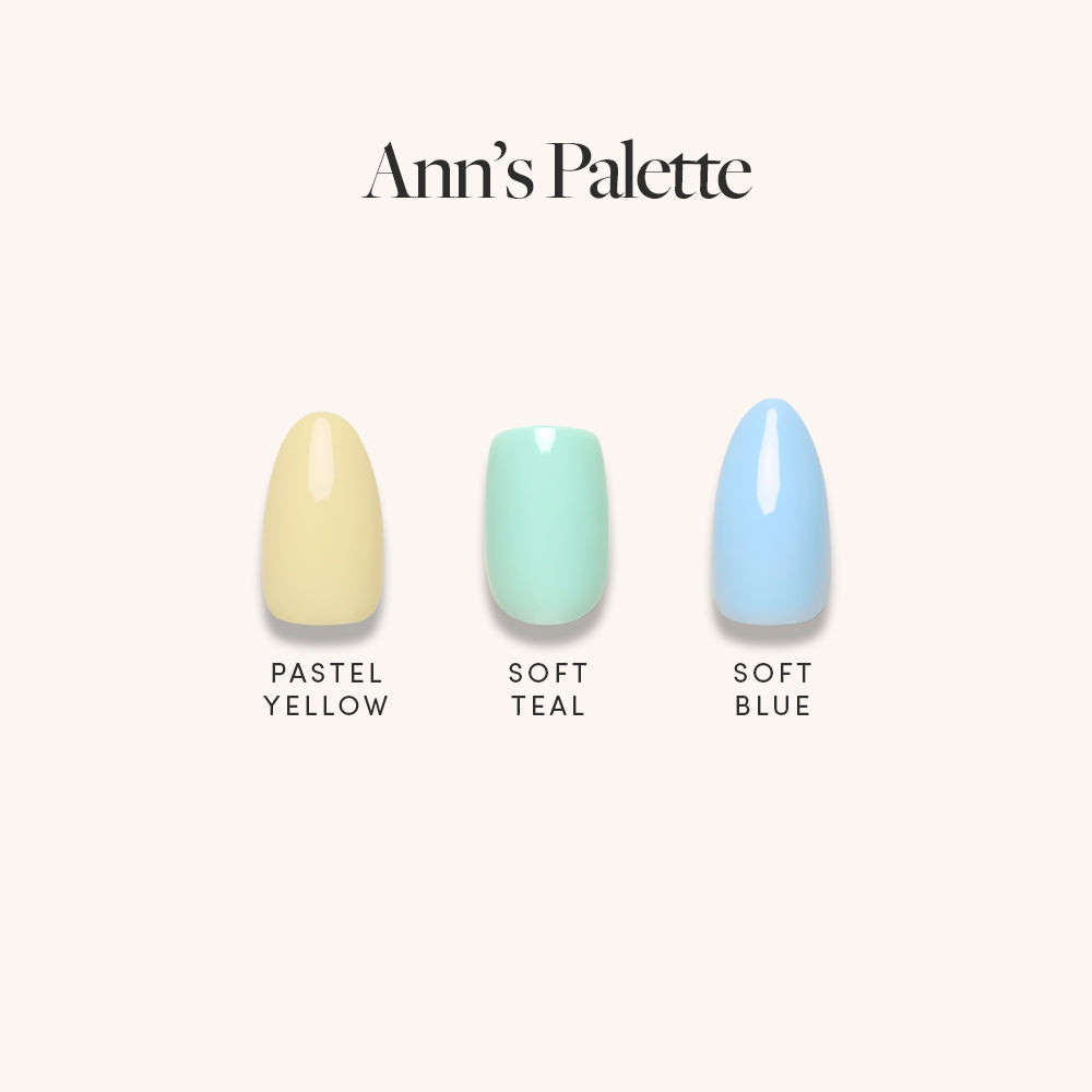 Glamnetics Anns Palette displays three glossy spring nail polishes—Pastel Yellow, Soft Teal, and Soft Blue—on a light background. - Product image