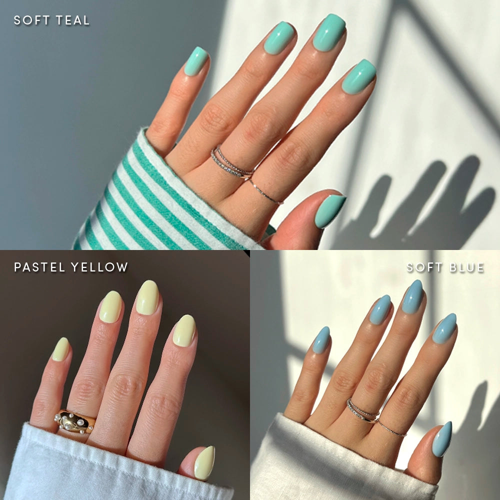 Three photos of manicured hands with Ann's Palette by glamnetic: soft teal, pastel yellow, and soft blue short press-on nails, each chic color clearly labeled against a light background. - Product image