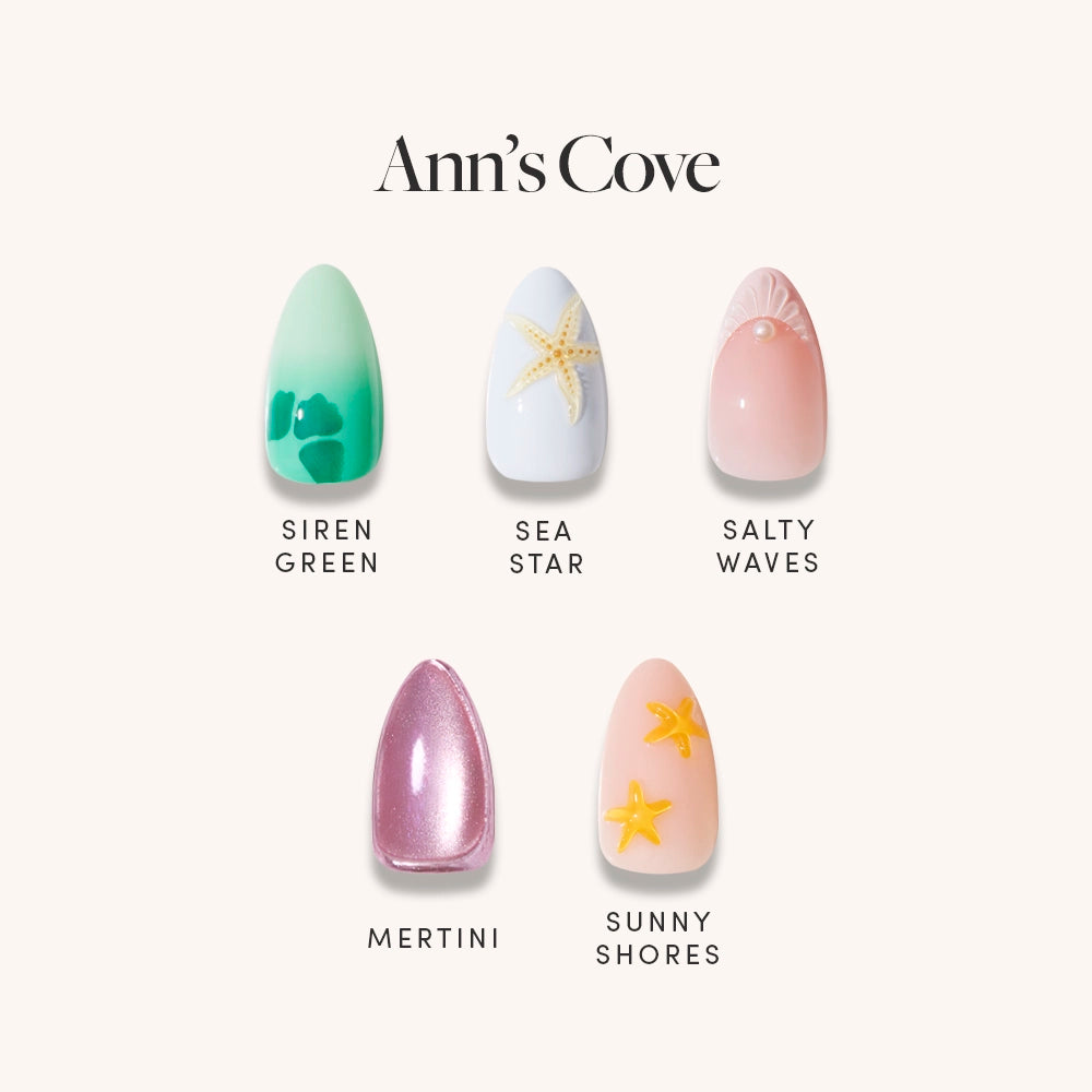 Discover Ann’s Cove by glamnetic: five coastal scene-inspired press-on nails with 3D designs—Siren Green waves, Sea Star blue with starfish, Salty Waves pink with shell, Mertini shimmer pink, and Sunny Shores peach with yellow starfish. - Product image