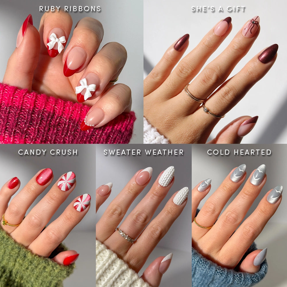 A collage features six hands in cozy sweaters, each showing a festive mani from glamnetic's Ann's Festive Five: red ribbons, metallic red, candy swirls, soft pink, white knit, and silver-blue styles. - Product image