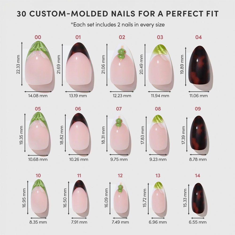Chart displaying 15 glamnetic "Antipasto" acrylic press-on nails in assorted sizes and nail art styles, including almond and tortoiseshell designs, with exact length and width labeled for each, custom-molded for a perfect fit. - Product image