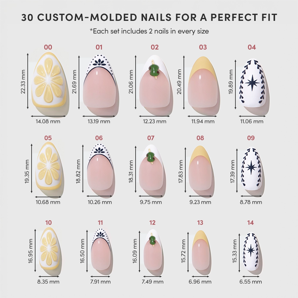 Chart displaying 30 Glamnetic "Aperitivo Hour" custom-molded press-on nails in short almond shape, featuring diverse sizes and designs such as plain, floral, and star patterns. Top text: “30 Custom-Molded Nails for a Perfect Fit.”. - Product image