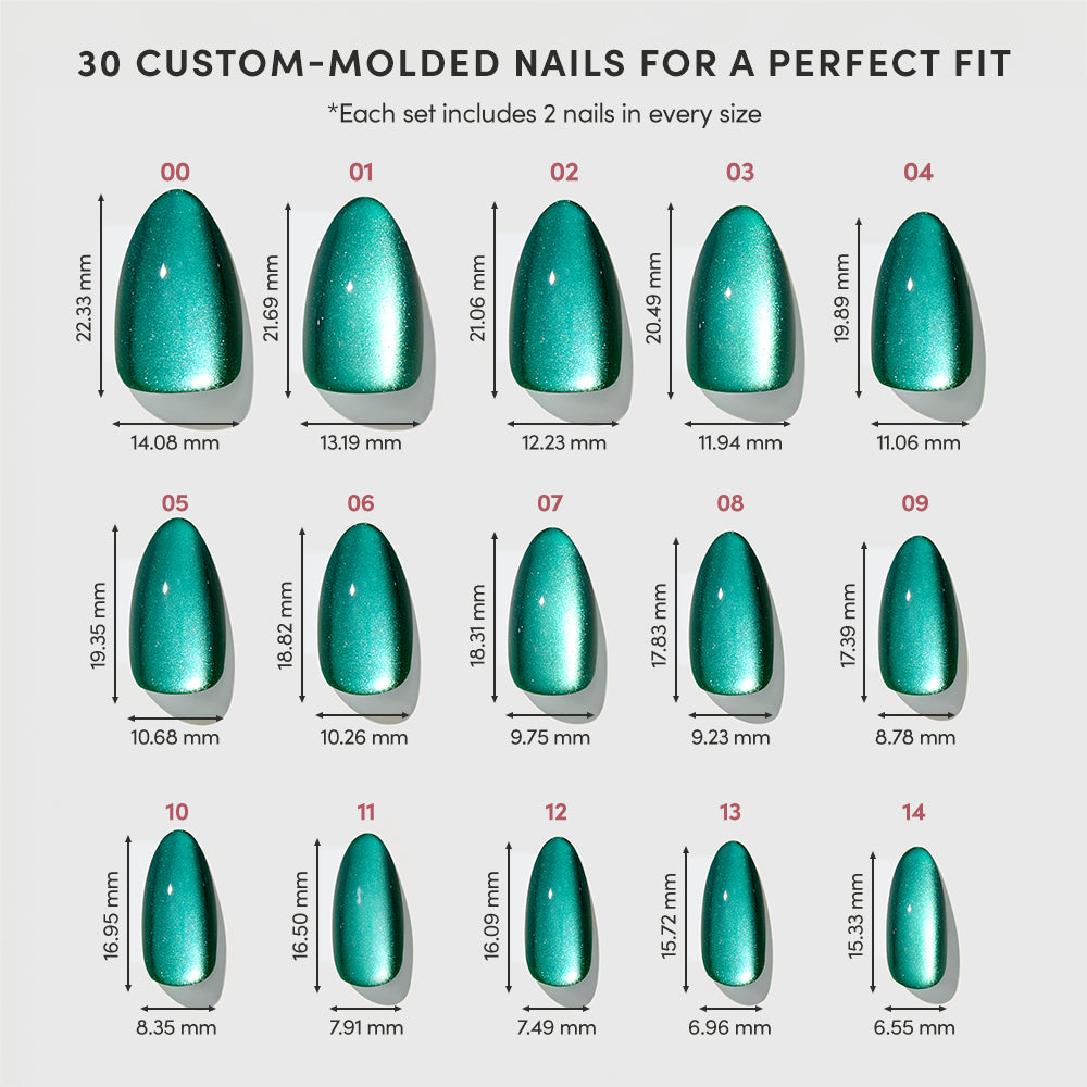 Arctic Aurora - A chart of 30 Arctic Aurora emerald green, short almond nails arranged in rows and columns, each labeled with size numbers and dimensions in millimeters.