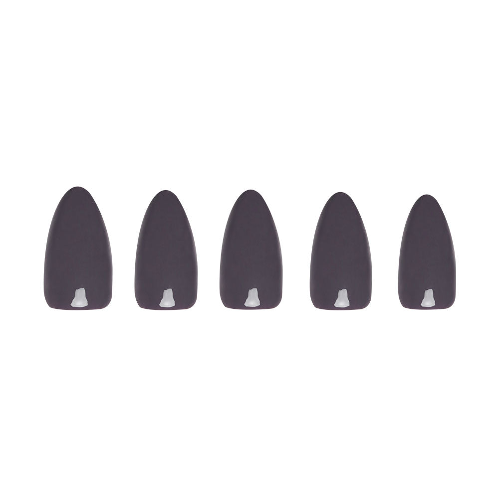 Five identical dark gray, teardrop-shaped objects with small white tips are evenly spaced in a row on a white background, resembling the Ash Gray press-on nail set by glamnetic. - Product image