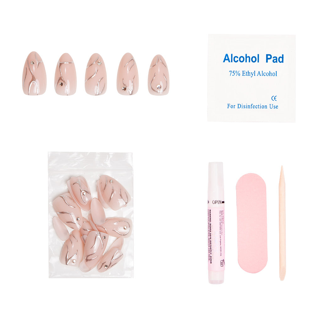 The glamnetic Astro Nail Set includes short almond nude nails with 3D chrome swirls, an alcohol pad, pink nail file, wooden cuticle stick, glue tube, and extra nails in a plastic bag. - Product image