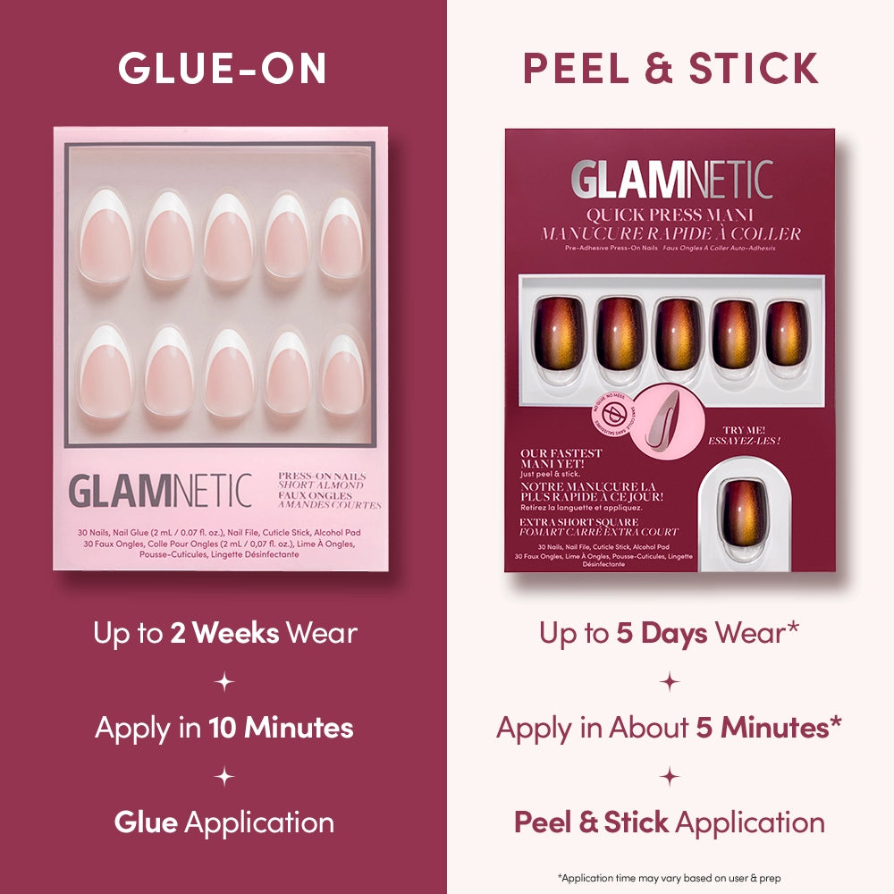 Here’s your revised sentence using the requested product data: A comparison chart of glamnetic press-on nails. Left: Glue-on set, short almond shape, up to 2 weeks wear with a 10-minute application. Right: Aura Reading by glamnetic Quick Press Mani stick-on nails in extra short square shape, providing up to 5 days wear with convenient no-glue application in just 5 minutes. Both sets include 30 nails and all necessary tools. - Product image