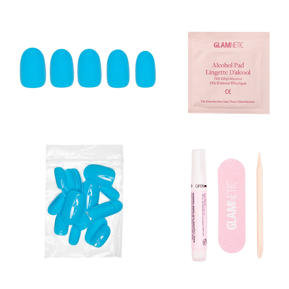 The glamnetic Azure Blue press-on nails set adds summer flair to your look and includes extra nails, a glue pen, alcohol pad, pink file, and cuticle stick—everything you need for lasting wear. - Product image