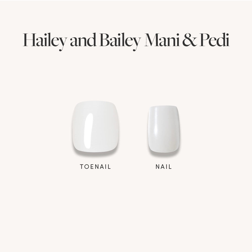 A graphic titled Pearly Glazed White Mani & Pedi Bundles by glamnetic shows two artificial nails—a large TOENAIL and a smaller NAIL—both in a glossy glazed style on a light background. - Product image