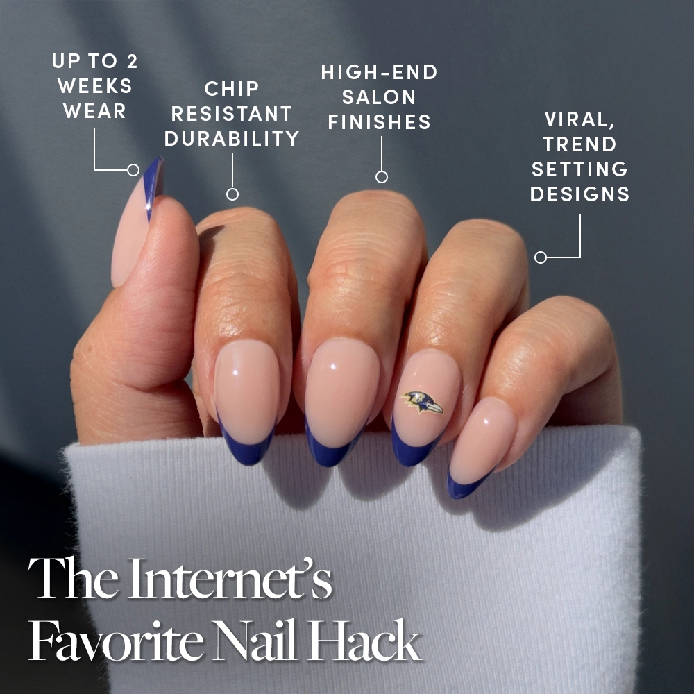 Show off your team spirit with glamnetics Baltimore Ravens Press-On Nail Set—long, almond-shaped nude nails with dark blue French tips and a metallic accent. Enjoy salon-quality, chip-resistant, trendy football fan nails that last!. - Product image