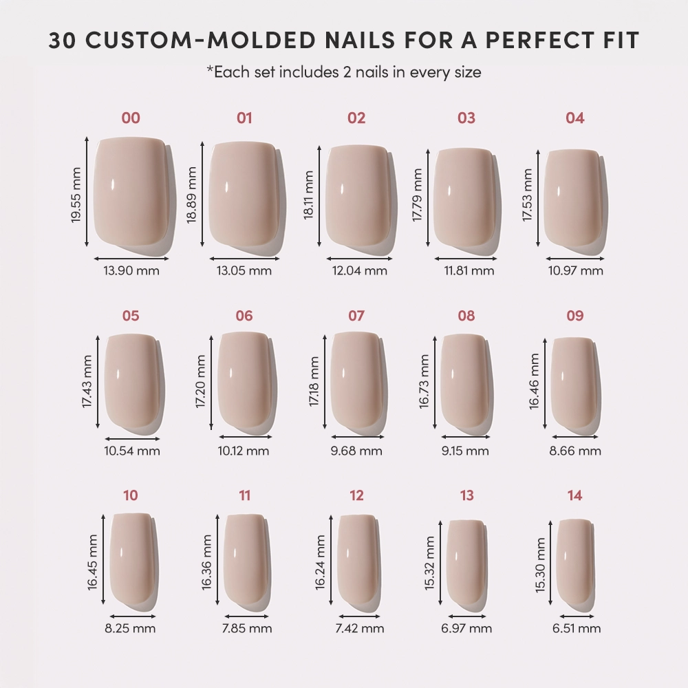 Diagram displaying 15 sizes of glamnetic’s Bare Bliss custom-molded artificial nails in medium square shape, each labeled by number with precise mm width and length, arranged in three rows and featuring an opaque finish. - Product image
