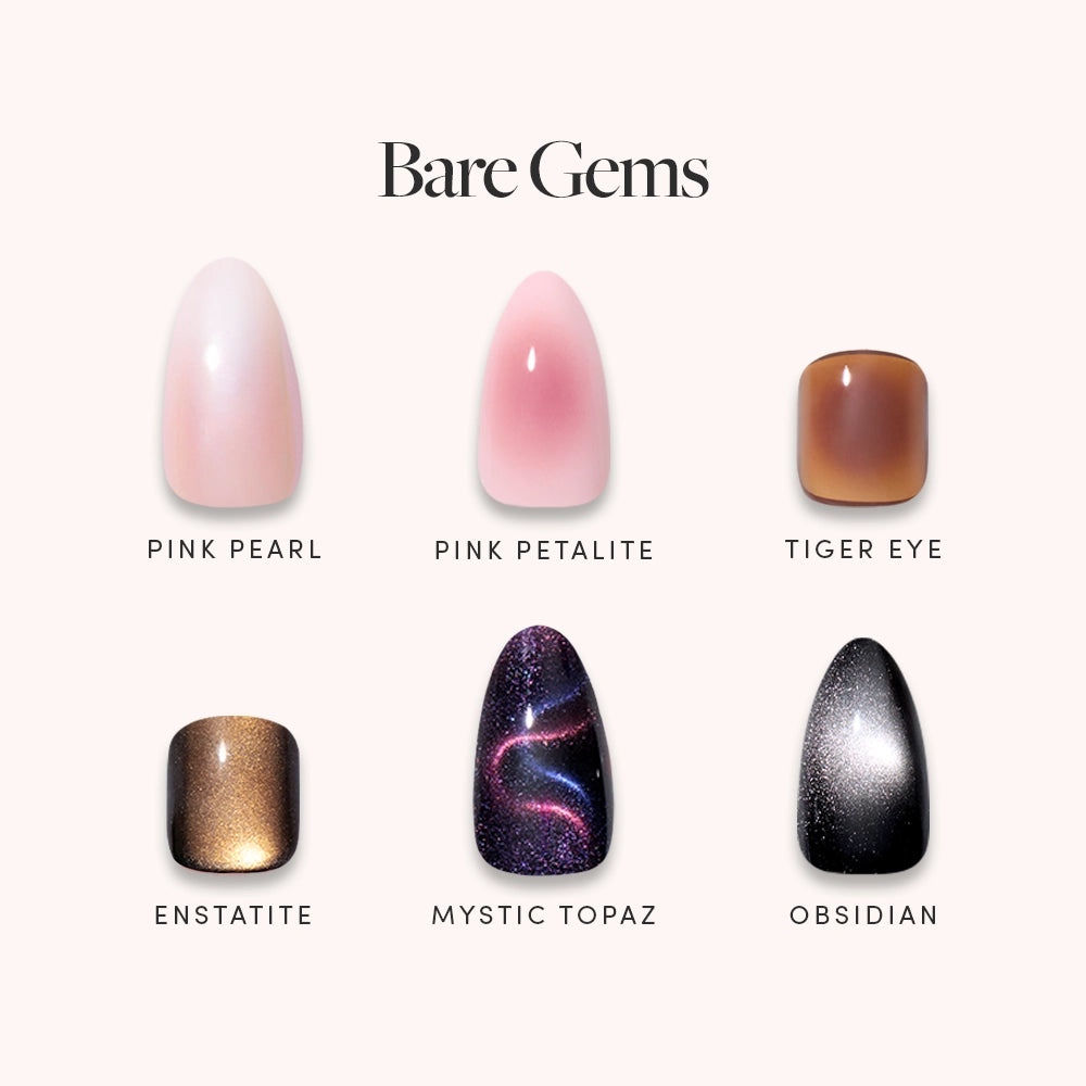 Six oval nail polish swatches from glamnetic's Bare Gems collection, labeled: Pink Pearl, Pink Petalite, Tiger Eye, Enstatite, Mystic Topaz, and Obsidian—perfect for minimalist manis or pairing with your favorite press-ons.